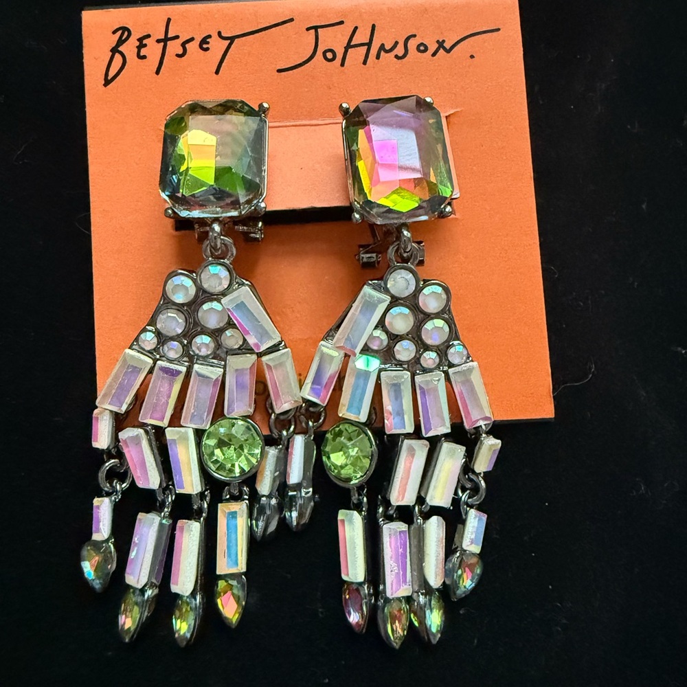 Betsey Johnson Silver Tone Skeleton Hand Drop Earrings Crystal Accents NWT